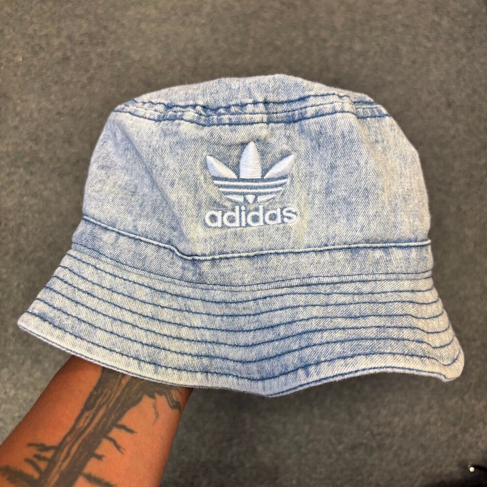 Adidas Originals Acid Wash Denim Bucket Hat Trefoil Blue One Size Y2K